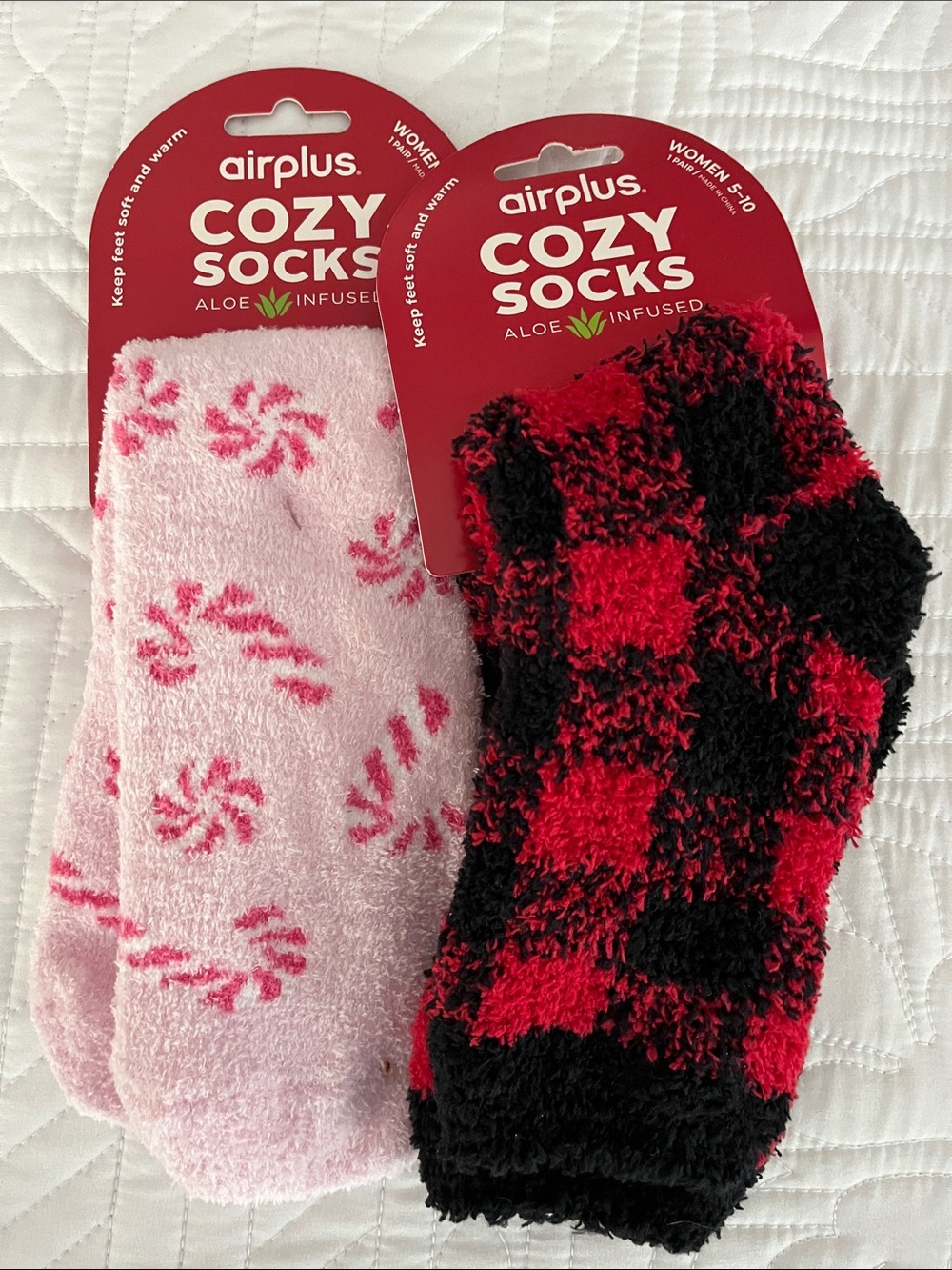 airplus Cozy Socks - Pink Candy Cane + Black & Red Buffalo Plaid